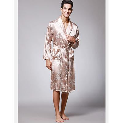 2018 Men New Long Sleeve Silk Nightgown Spring Autumn Luxury Bathrobe Male Print Pajamas Sexy Home Clothes Open Stitch Sleepwear