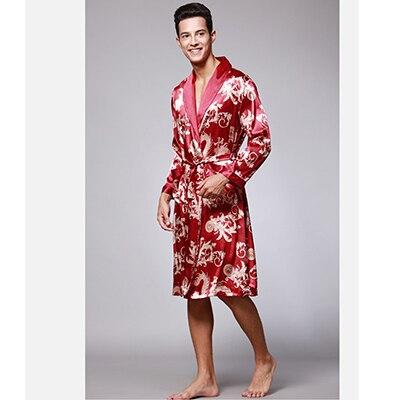 2018 Men New Long Sleeve Silk Nightgown Spring Autumn Luxury Bathrobe Male Print Pajamas Sexy Home Clothes Open Stitch Sleepwear
