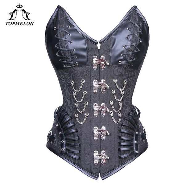 TOPMELON Corset Women Steampunk Bustier Gothic Corselet Bustier Corsets and Bustiers Retro Rivet Black Floral Chains New Tops