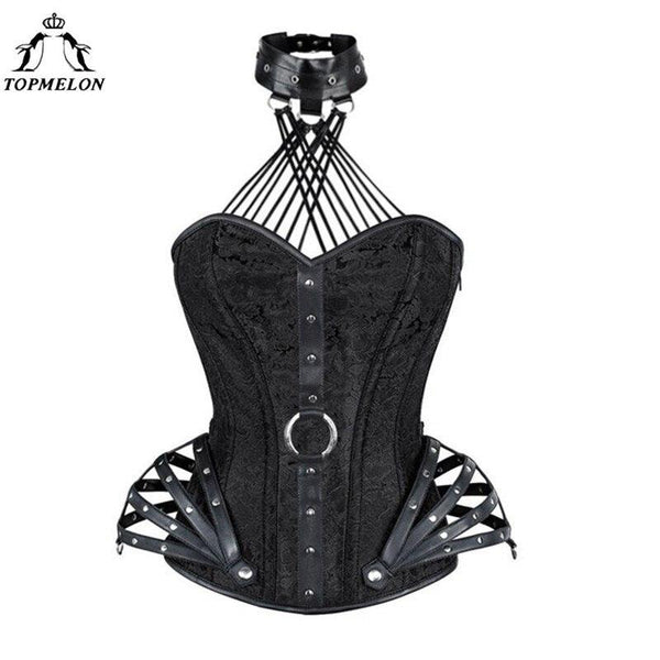 TOPMELON Steampunk Halter Bustier Gothic Corselet Corset Women Choker Corsets and Bustiers Sexy leather Floral Rivet Party Tops