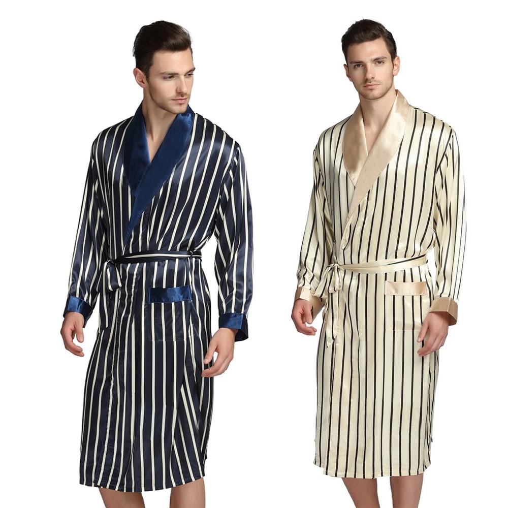 Mens Silk Satin Pajamas Pajama Pyjamas PJS Sleepwear Robe Robes Nightgown Robes S M L XL 2XL 3XL Plus Beige Blue Striped