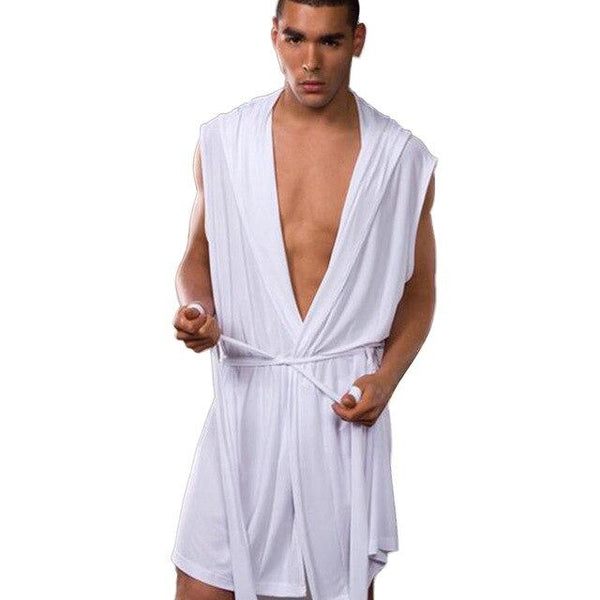 2018 Fashion Men Sleeveless Hooded Robes Black White Gray Coffee Sexy Men Summer Silk Robe Gown Male Bathrobe Nightgown