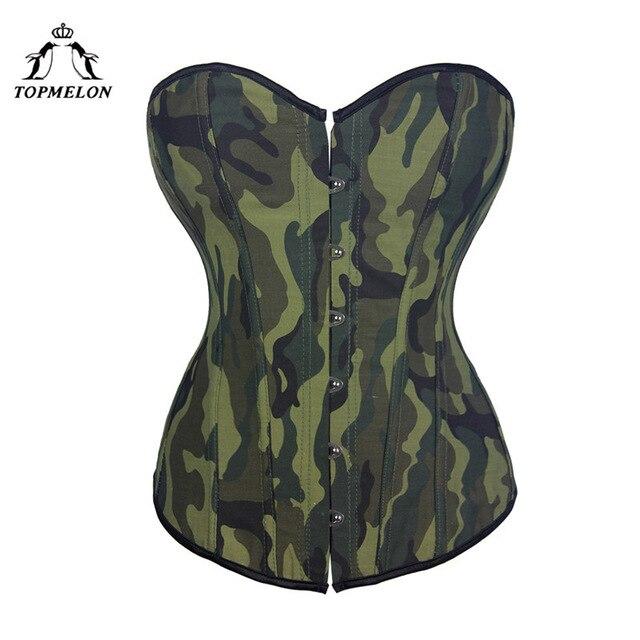 TOPMELON Camouflage Corset Sexy Women Steampunk Gothic Bustier Corselet Green Army Military Lace Up Party Club Shows Corset Tops