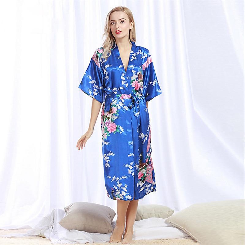 Chinese Style Women Robe Print Long Sleepwear Summer Nightgown Satin Lady Home Dress Royal Blue Home Wear Sexy Nightgown