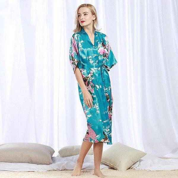 Chinese Style Women Robe Print Long Sleepwear Summer Nightgown Satin Lady Home Dress Royal Blue Home Wear Sexy Nightgown