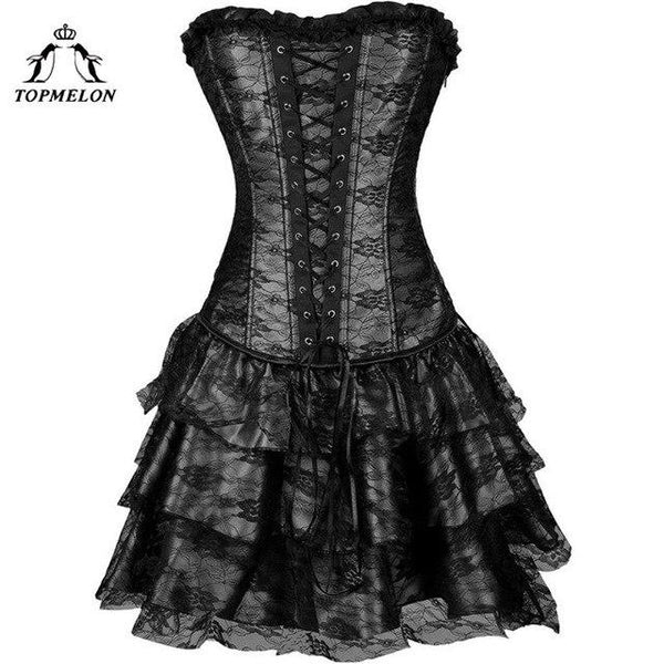 TOPMELON Corset Dress Steampunk Bustier Gothic Corselet Sexy Corset Women Lace Ruffles Shows Party Club Lace Up Short Dress
