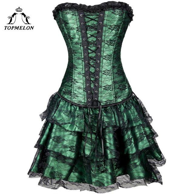 TOPMELON Corset Dress Steampunk Bustier Gothic Corselet Sexy Corset Women Lace Ruffles Shows Party Club Lace Up Short Dress