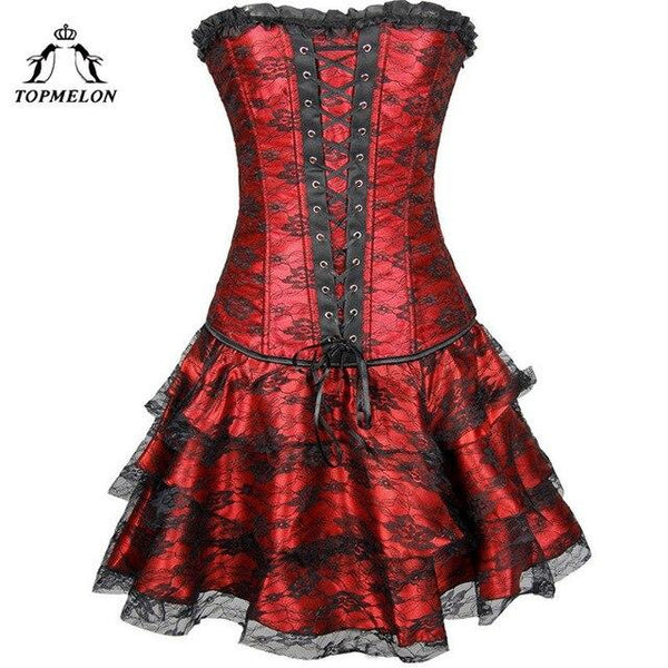 TOPMELON Corset Dress Steampunk Bustier Gothic Corselet Sexy Corset Women Lace Ruffles Shows Party Club Lace Up Short Dress
