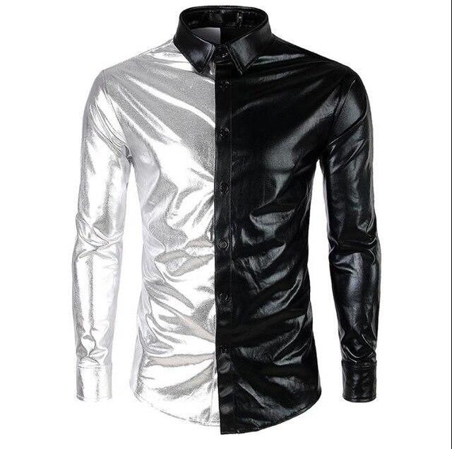 Loldeal Mens Trend Night Club Coated Metallic Halloween Gold Silver Button Down Shirts Party Shiny Long Sleeves Dress Shirts