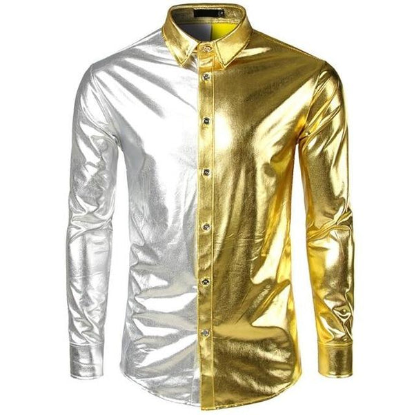Loldeal Mens Trend Night Club Coated Metallic Halloween Gold Silver Button Down Shirts Party Shiny Long Sleeves Dress Shirts