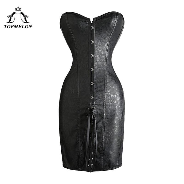 TOPMELON Corset Dress Bustier Gothic Steampunk Corselet Punk Lace Up Corset Women Sexy Black Leather Party Club Short Dress