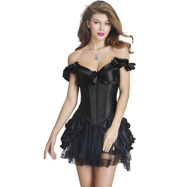TOPMELON Sexy Corset Dress Steampunk Gothic Bustier Corselet Women Off Shoulder Lace Ruffles Bow Party Club Short Corset Dress