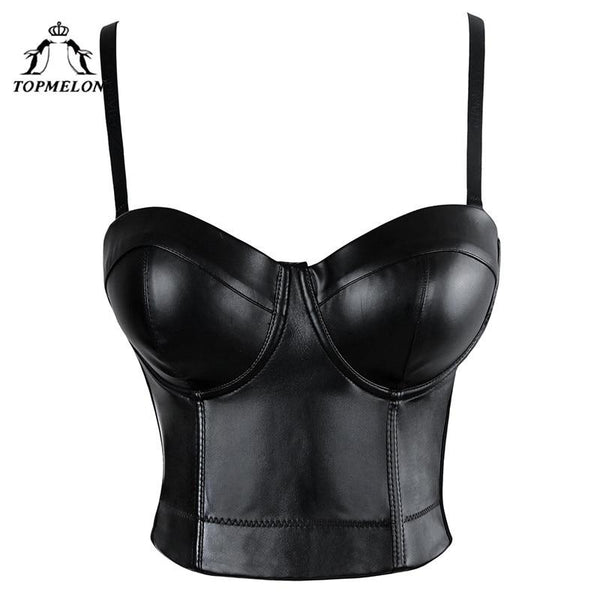TOPMELON Sexy Tops Punk Corset Bustier Corselet Gothic Slimming Shapewear Black Leather Party Shows Club Crop Vest Bra Tops