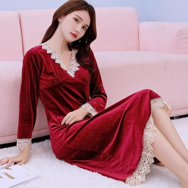 Sexy Women Velvet Home Dress Robe Gown Autumn Winter Warm Nightgown Long Sleeve Nightdress Casual Sleepshirt Home Clothes