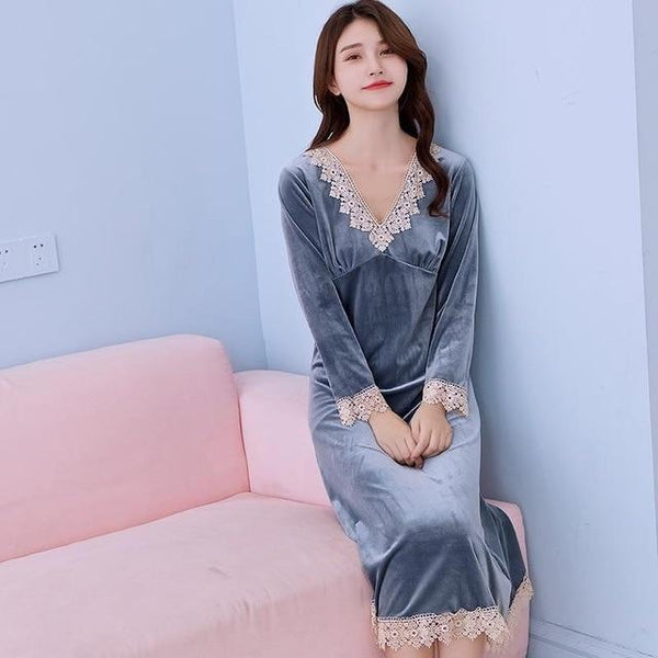 Sexy Women Velvet Home Dress Robe Gown Autumn Winter Warm Nightgown Long Sleeve Nightdress Casual Sleepshirt Home Clothes