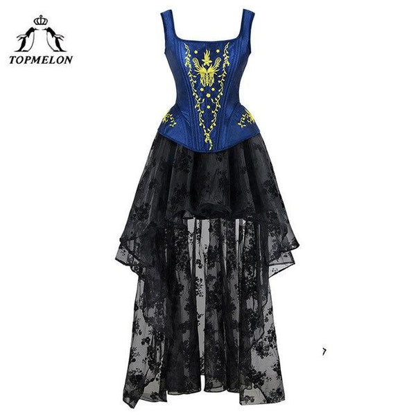 TOPMELON Corset Dress Steampunk Bustier Gothic Corset Women Embroidery Lace Mesh Dress Floral Silky Party Wedding Long Ball Gown