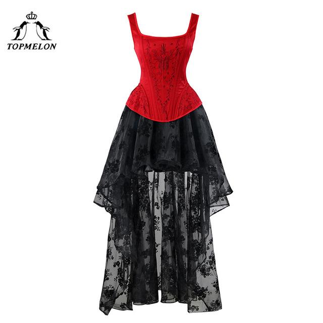 TOPMELON Corset Dress Steampunk Bustier Gothic Corset Women Embroidery Lace Mesh Dress Floral Silky Party Wedding Long Ball Gown