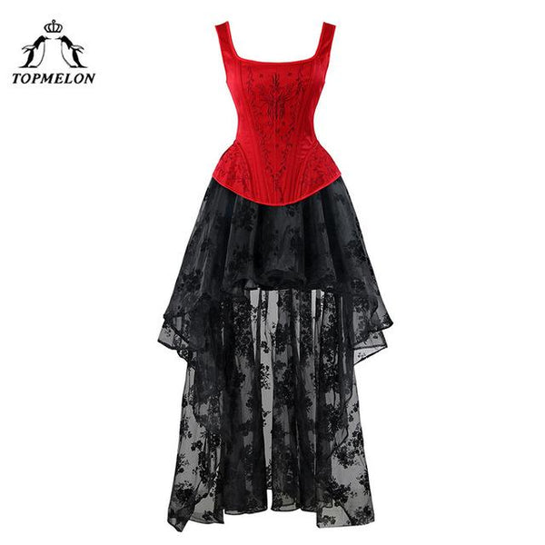 TOPMELON Corset Dress Steampunk Bustier Gothic Corset Women Embroidery Lace Mesh Dress Floral Silky Party Wedding Long Ball Gown
