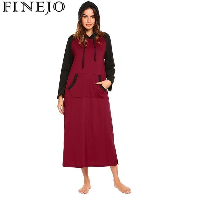 FINEJO Nightdress Women's Autumn 2018 Loose Casual Solid Long Long Sleeve Feminina Hooded New Fashion Fit Women Long Sleepwear