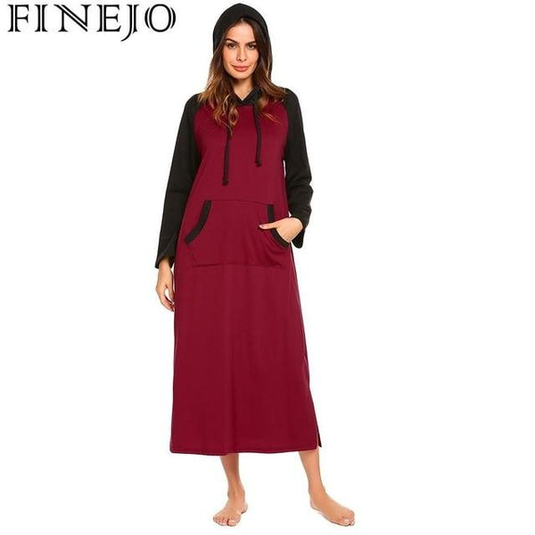 FINEJO Nightdress Women's Autumn 2018 Loose Casual Solid Long Long Sleeve Feminina Hooded New Fashion Fit Women Long Sleepwear