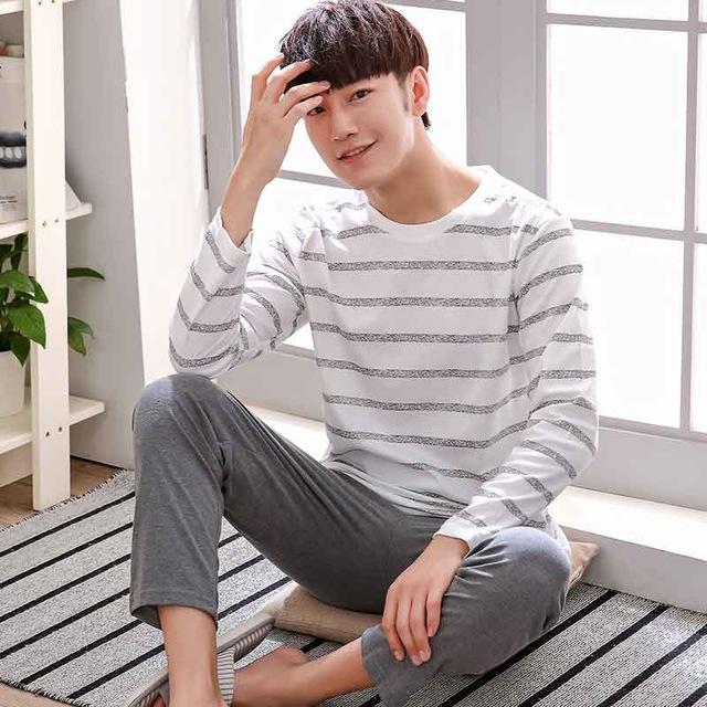 Men Pajama Cotton Gray O-neck Sleepwear Men Long Sleeve Home Clothes Plus Size L-3XL Pijama Male Underwear Set Pyjamas Nightwear