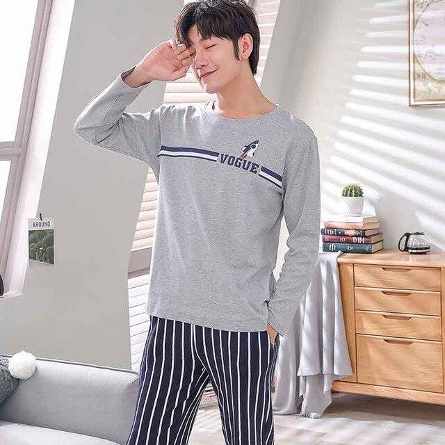 Men Pajama Cotton Gray O-neck Sleepwear Men Long Sleeve Home Clothes Plus Size L-3XL Pijama Male Underwear Set Pyjamas Nightwear