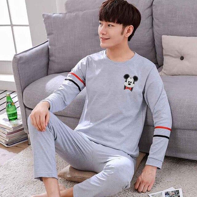 Men Pajama Cotton Gray O-neck Sleepwear Men Long Sleeve Home Clothes Plus Size L-3XL Pijama Male Underwear Set Pyjamas Nightwear