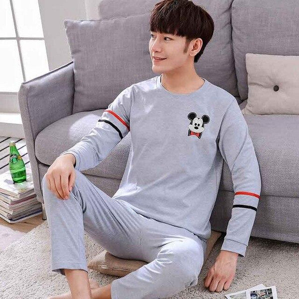 Men Pajama Cotton Gray O-neck Sleepwear Men Long Sleeve Home Clothes Plus Size L-3XL Pijama Male Underwear Set Pyjamas Nightwear