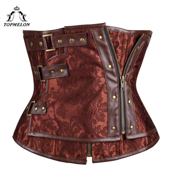 TOPMELON Underbust Corset Bustier Gothic Corselet Corset Women Steampunk Modeling Strap Brown Leather Floral Party Shows Tops