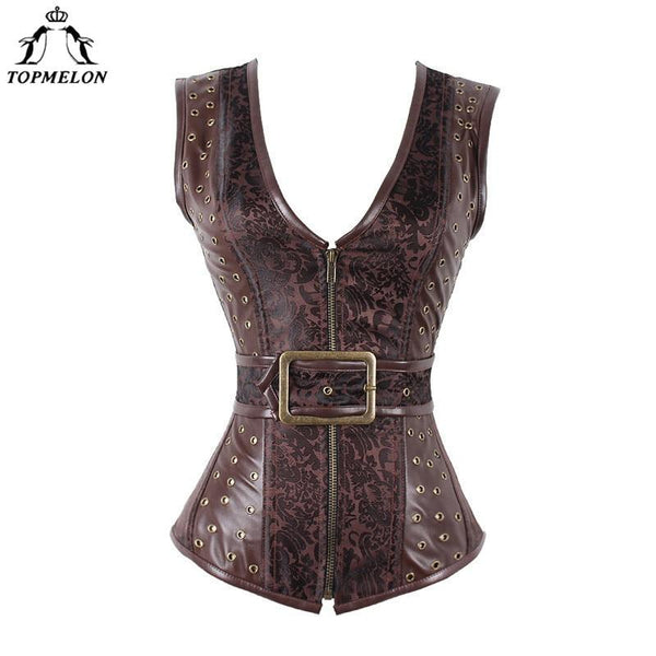 TOPMELON Steampunk Corset Bustier Gothic Modeling Strap Corset Women Corselet Sexy Corset Brown Retro Rivet Steel Boned Tops