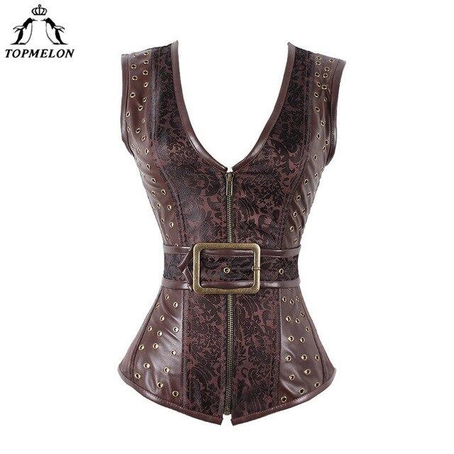 TOPMELON Steampunk Corset Bustier Gothic Modeling Strap Corset Women Corselet Sexy Corset Brown Retro Rivet Steel Boned Tops