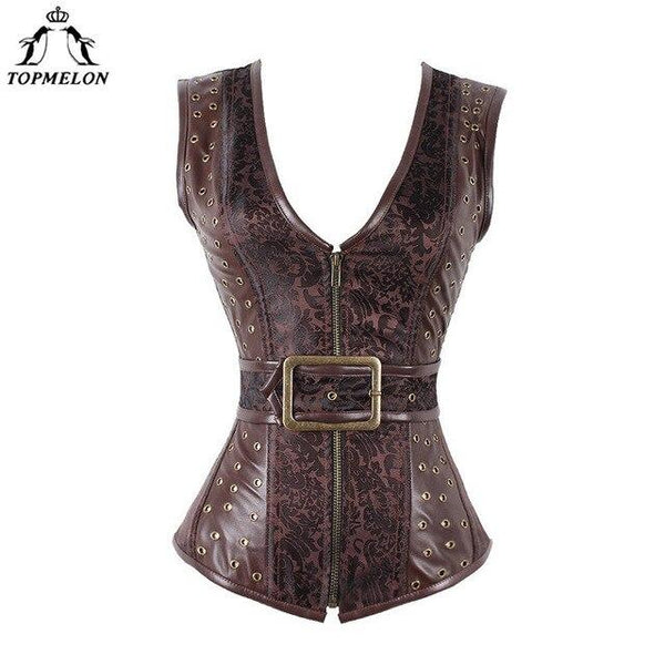TOPMELON Steampunk Corset Bustier Gothic Modeling Strap Corset Women Corselet Sexy Corset Brown Retro Rivet Steel Boned Tops