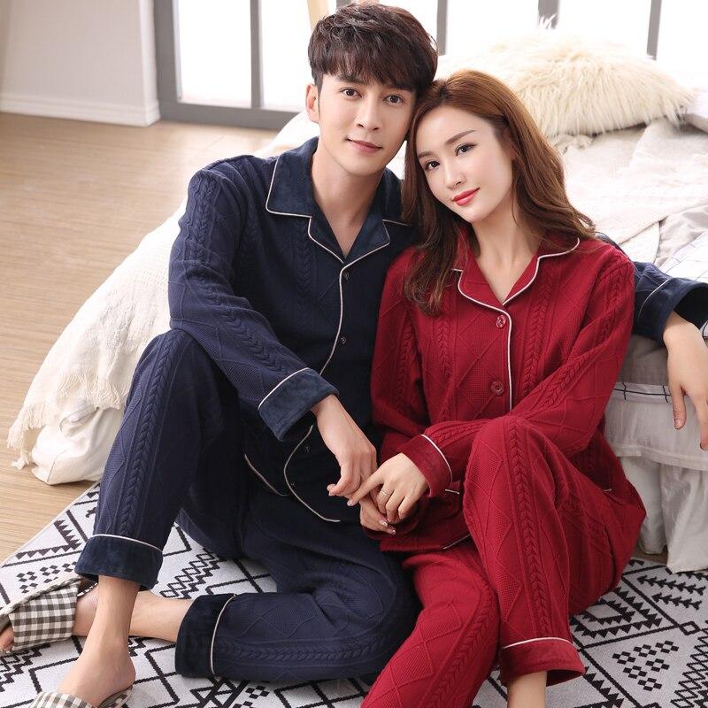 Autumn Winter Long Sleeved Couple Pajamas Set Cotton Pyjamas Women Pijama Mujer Lovely Sleepwear Homewear Nightgown M-3XL