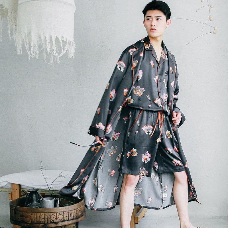 New silk nightgown summer men's printing silk thin long sleeved bathrobe men's large size men's three-piece set home sleepwear