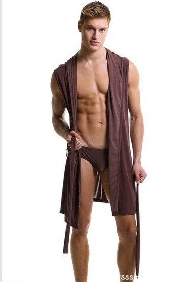 Sexy Men Sleeveless Hooded Silk Robe Gown Male Bathrobe Nightgown Cheap Men's Polyester Robes with Hood Black White Gray Coffee