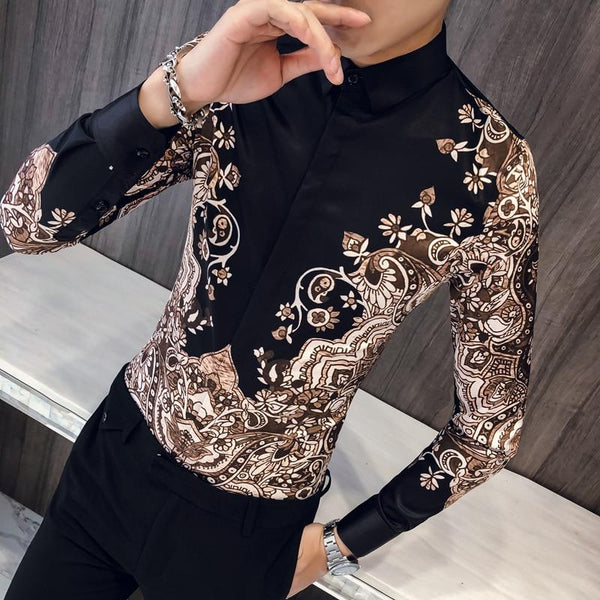 Top Quality British Style Print Shirt Men Brand New Slim Fit Casual Men's Social Shirts Dress Long Sleeve Night Club Prom Tuxedo