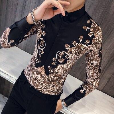 Top Quality British Style Print Shirt Men Brand New Slim Fit Casual Men's Social Shirts Dress Long Sleeve Night Club Prom Tuxedo