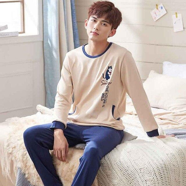 Men Pajama Cotton Gray O-neck Sleepwear Men Long Sleeve Home Clothes Plus Size L-3XL Pijama Male Underwear Set Pyjamas Nightwear