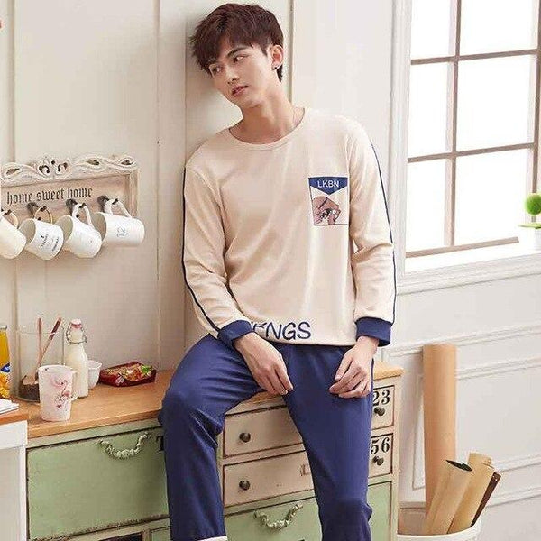 Men Pajama Cotton Gray O-neck Sleepwear Men Long Sleeve Home Clothes Plus Size L-3XL Pijama Male Underwear Set Pyjamas Nightwear