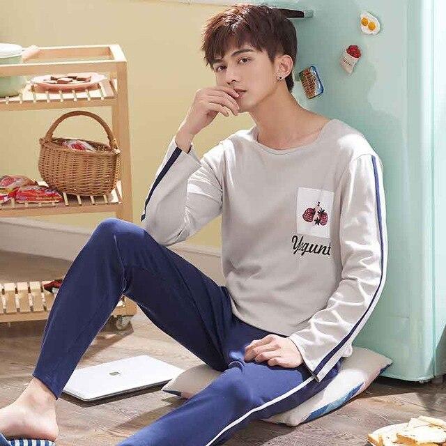 Men Pajama Cotton Gray O-neck Sleepwear Men Long Sleeve Home Clothes Plus Size L-3XL Pijama Male Underwear Set Pyjamas Nightwear