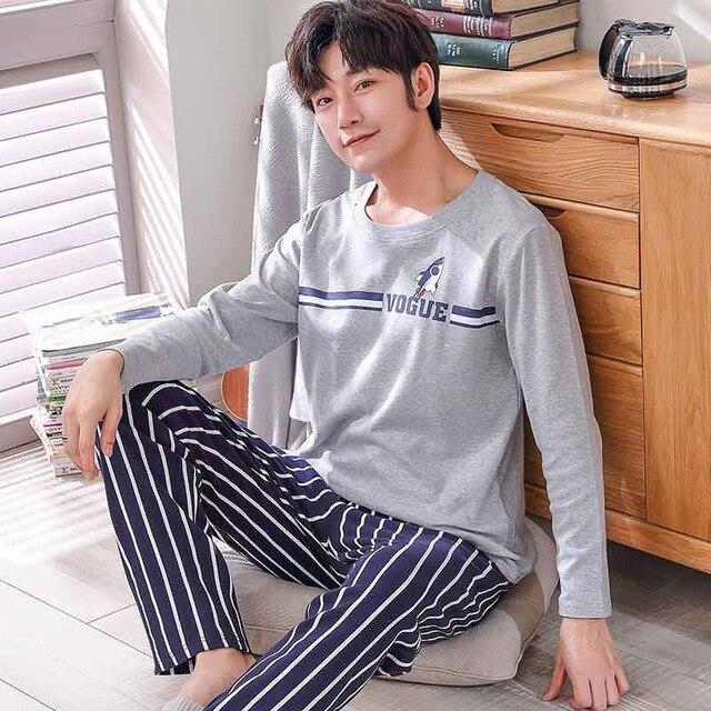 Men Pajama Cotton Gray O-neck Sleepwear Men Long Sleeve Home Clothes Plus Size L-3XL Pijama Male Underwear Set Pyjamas Nightwear