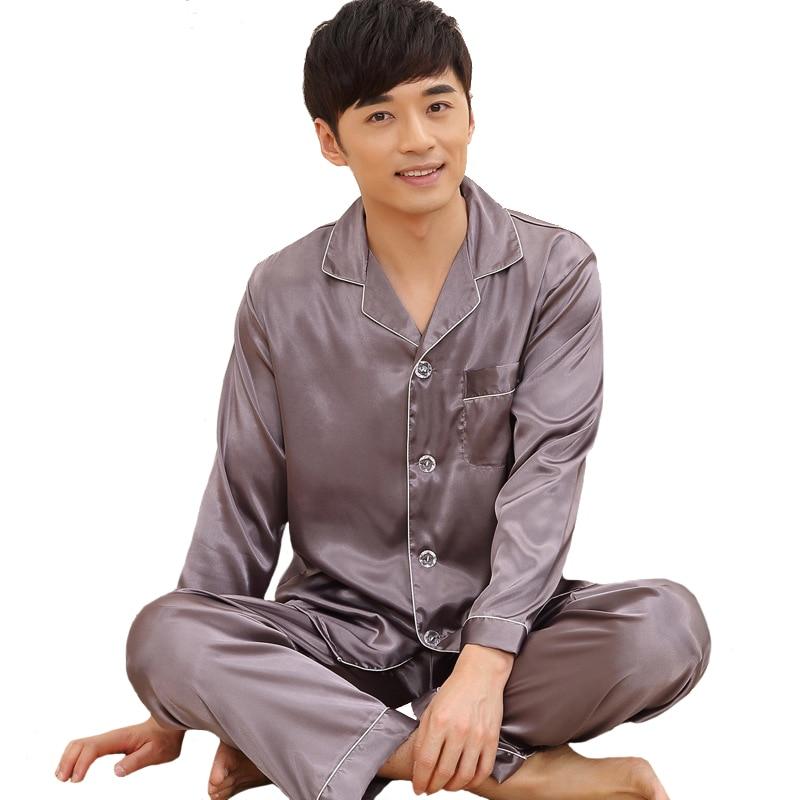 2019 Spring Male Long Sleeve 2PCS Sleepwear Plus Size 3XL Men Pajamas Set Silky Satin Pijamas Suit Casual Nightwear Home Wear