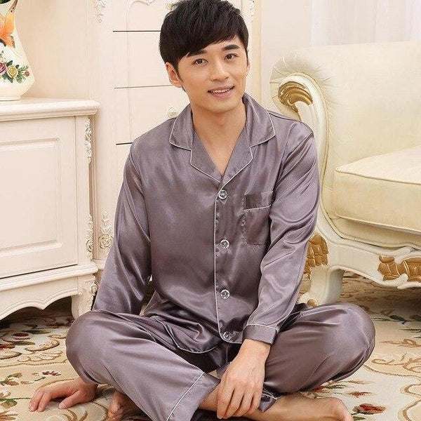 2019 Spring Male Long Sleeve 2PCS Sleepwear Plus Size 3XL Men Pajamas Set Silky Satin Pijamas Suit Casual Nightwear Home Wear