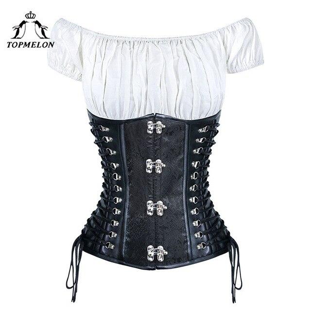TOPMELON Underbust Corset & Tops Women Corselet Sexy Corset Steampunk Bustier Gothic Retro Lace Up Leather Corset + White Tops