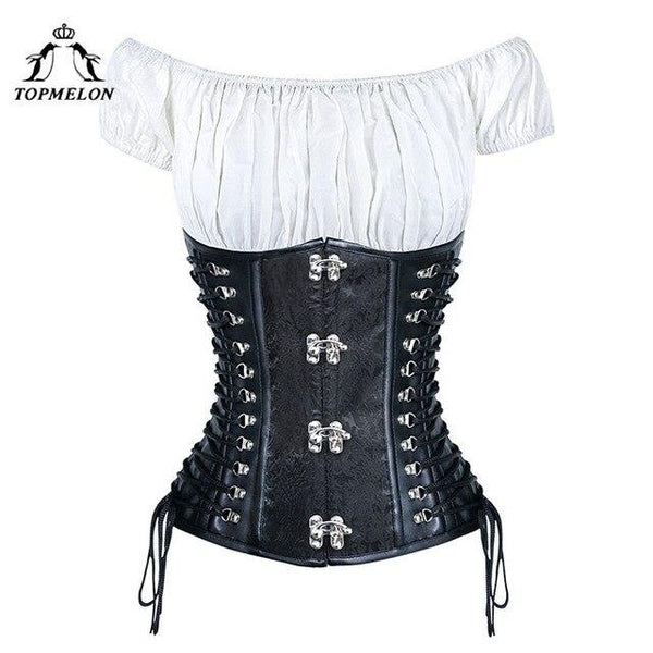 TOPMELON Underbust Corset & Tops Women Corselet Sexy Corset Steampunk Bustier Gothic Retro Lace Up Leather Corset + White Tops