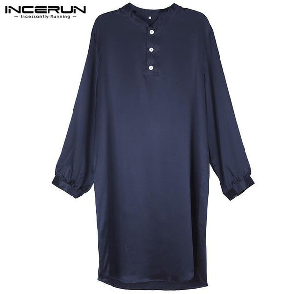 Nightgown Men Robe Pajamas Silk Satin Long Sleeve Bathrobe Lounge Arabe Kurtas Dress Shirt Gown Masculina Islamic Men Clothes