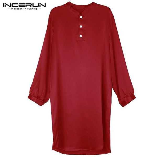 Nightgown Men Robe Pajamas Silk Satin Long Sleeve Bathrobe Lounge Arabe Kurtas Dress Shirt Gown Masculina Islamic Men Clothes