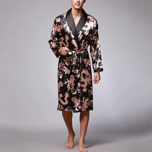Stylish Mens Robe Long Sleeves Bathrobe Silk Kimono Lucky Dragon Print Pajamas Night Dressing Gown Masculina Bathrobe Homewear