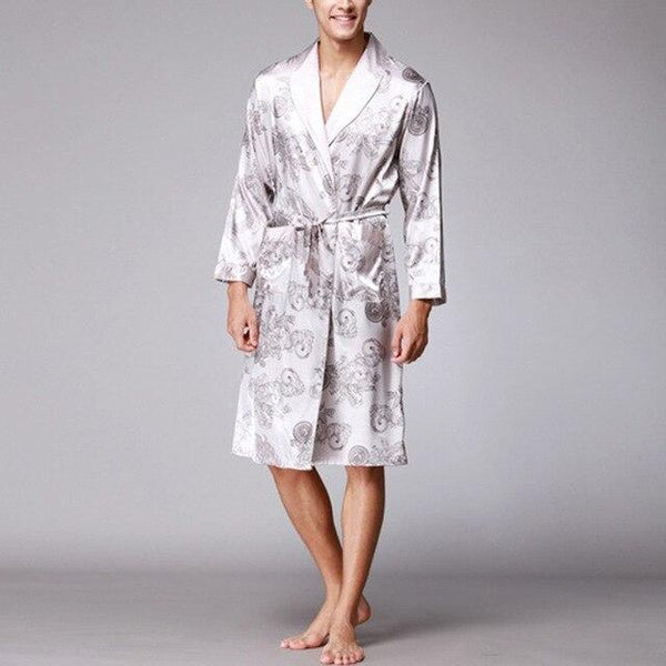 Ethnic Mens Robe Long Sleeves Bathrobe Silk Kimono Chinese Lucky Dragon Print Pajamas Bathrobe Night Dressing Gown Masculina