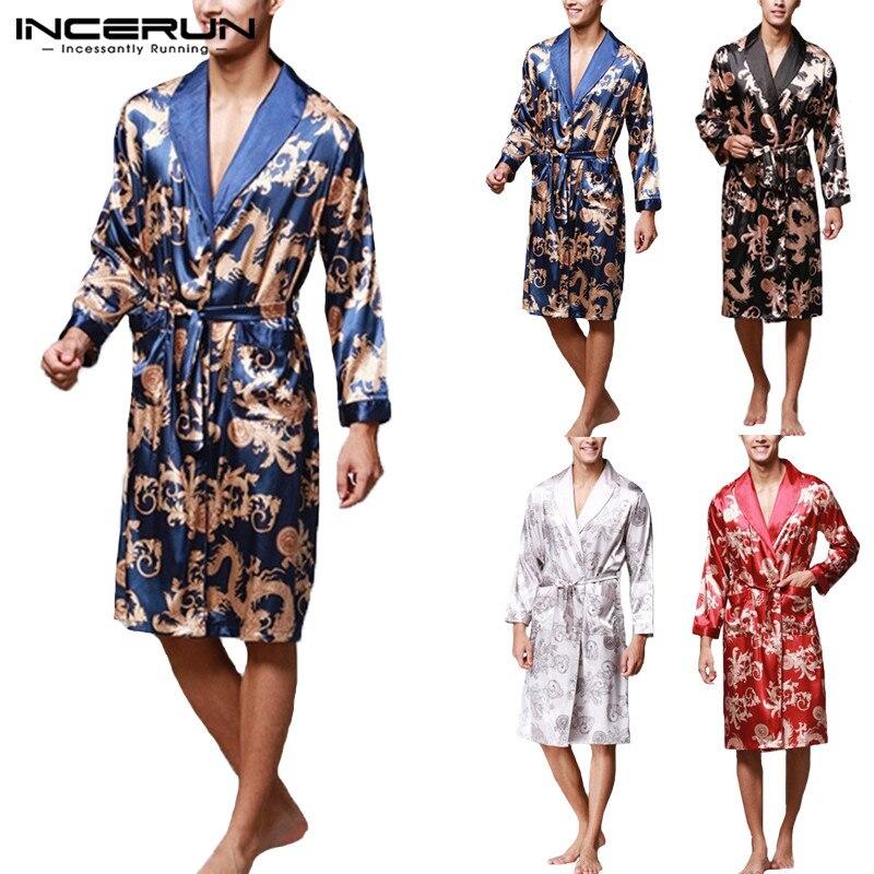 INCERUN 2019 Men Bathrobe Robes Faux Silk Nightgown Long Sleeve Chinese Dragon Print Comfy Kimono Men Homewear Sleepwear Pajamas